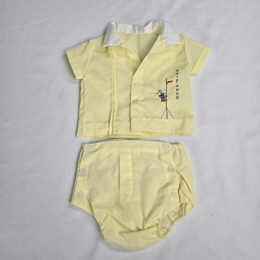 Vintage Ship Ahoy Boat Embroidered Baby Boy 2 Piec Outfit